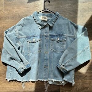 Savanna Jane Light Blue Denim Jacket with Frayed Hem and rhinestones
